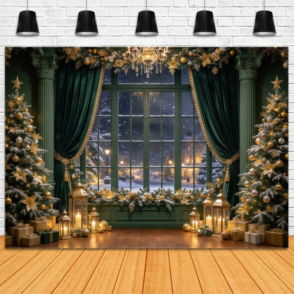 Weihnachtlicher Vorhang Hintergrund Smaragdgrünes Goldenes Fenster GQ69-89