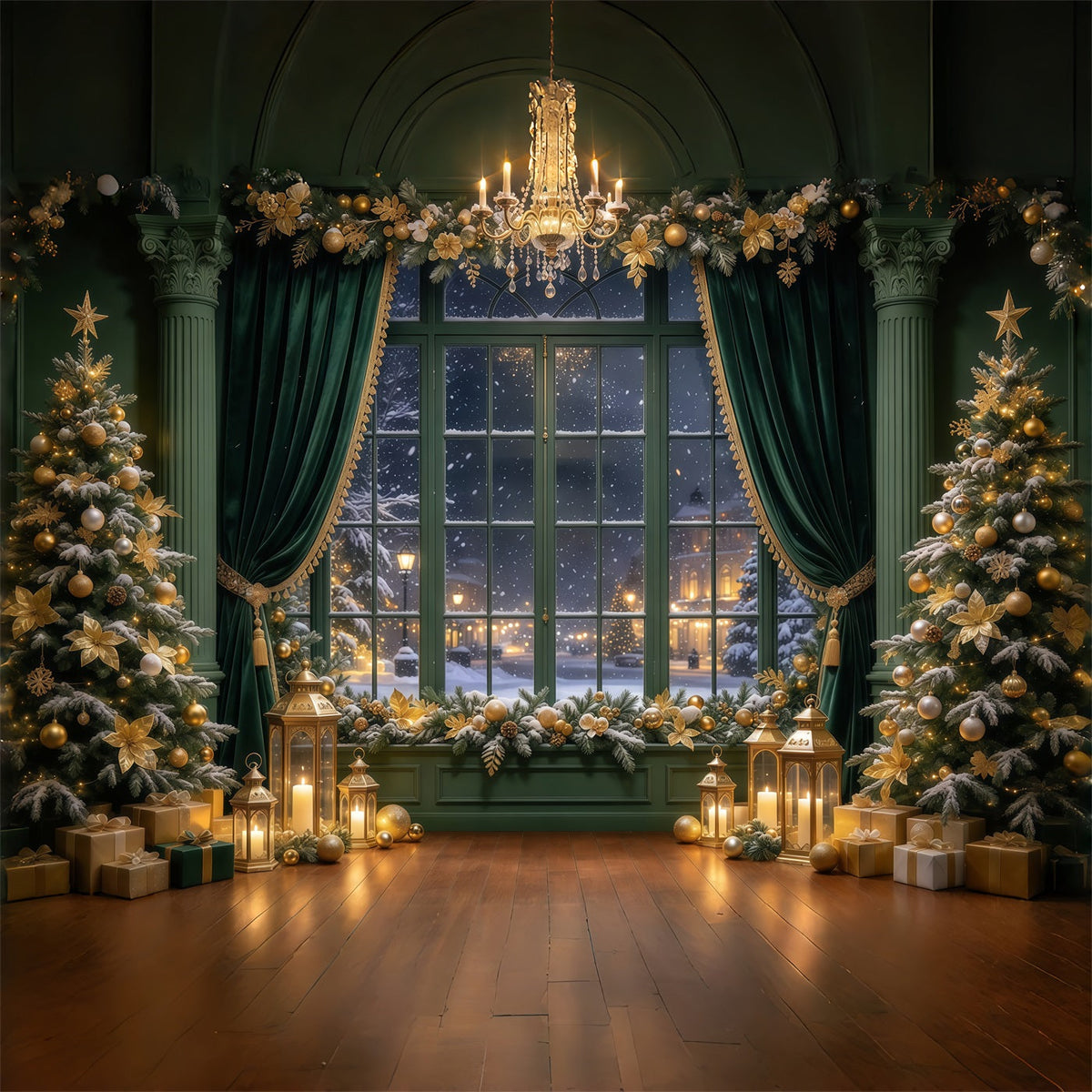 Weihnachtlicher Vorhang Hintergrund Smaragdgrünes Goldenes Fenster GQ69-89