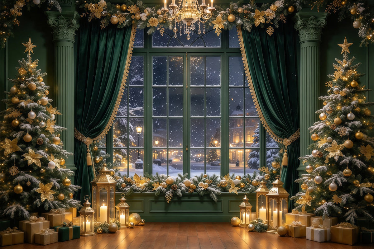 Weihnachtlicher Vorhang Hintergrund Smaragdgrünes Goldenes Fenster GQ69-89