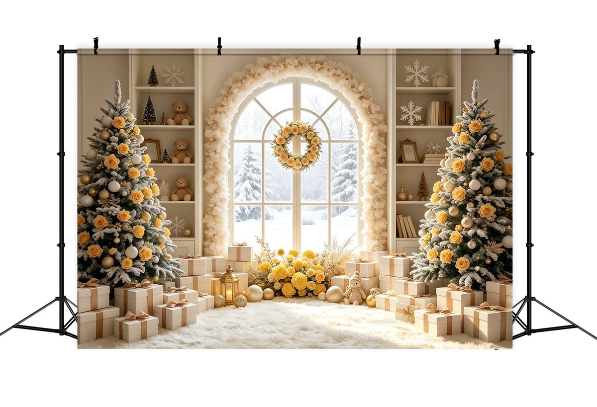 Weihnachtszimmer-Hintergrund Elfenbeinfarbenes Rosenbogenfenster Weihnachtliche Indoor-Hintergrundkulisse GQ69-9