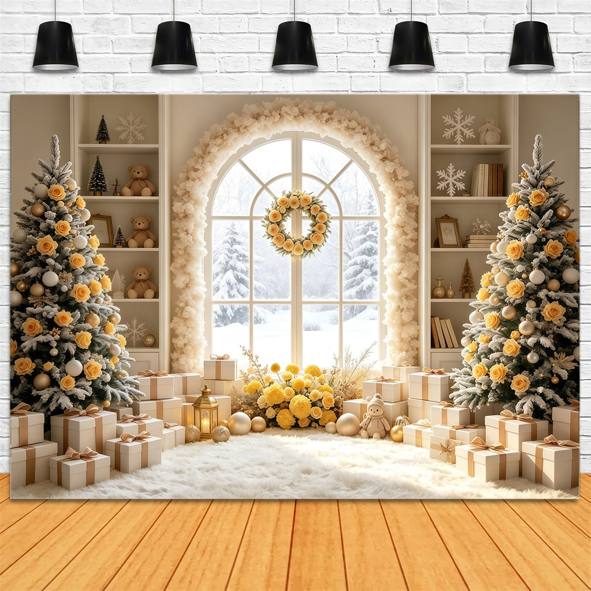 Weihnachtszimmer-Hintergrund Elfenbeinfarbenes Rosenbogenfenster Weihnachtliche Indoor-Hintergrundkulisse GQ69-9