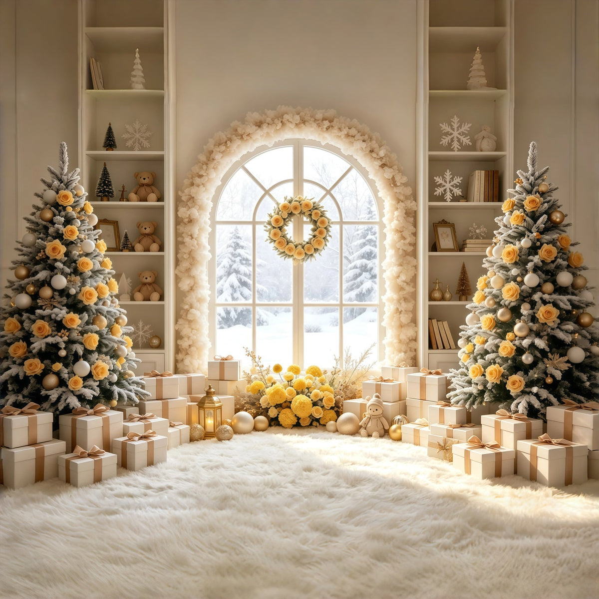 Weihnachtszimmer-Hintergrund Elfenbeinfarbenes Rosenbogenfenster Weihnachtliche Indoor-Hintergrundkulisse GQ69-9