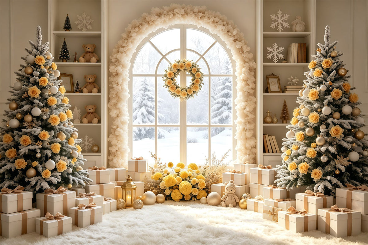 Weihnachtszimmer-Hintergrund Elfenbeinfarbenes Rosenbogenfenster Weihnachtliche Indoor-Hintergrundkulisse GQ69-9