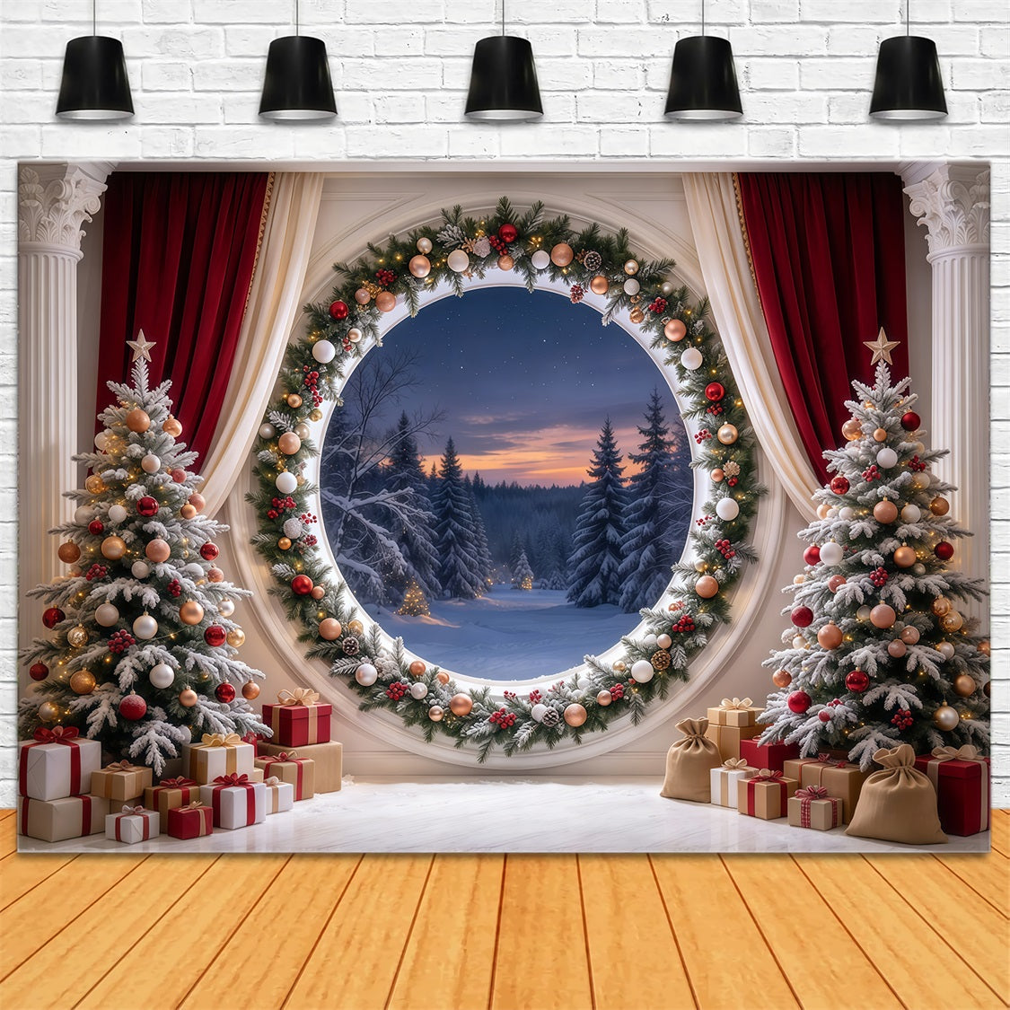 Weihnachtlicher Hintergrund Rundes Wald Fenster Girlande GQ69-90