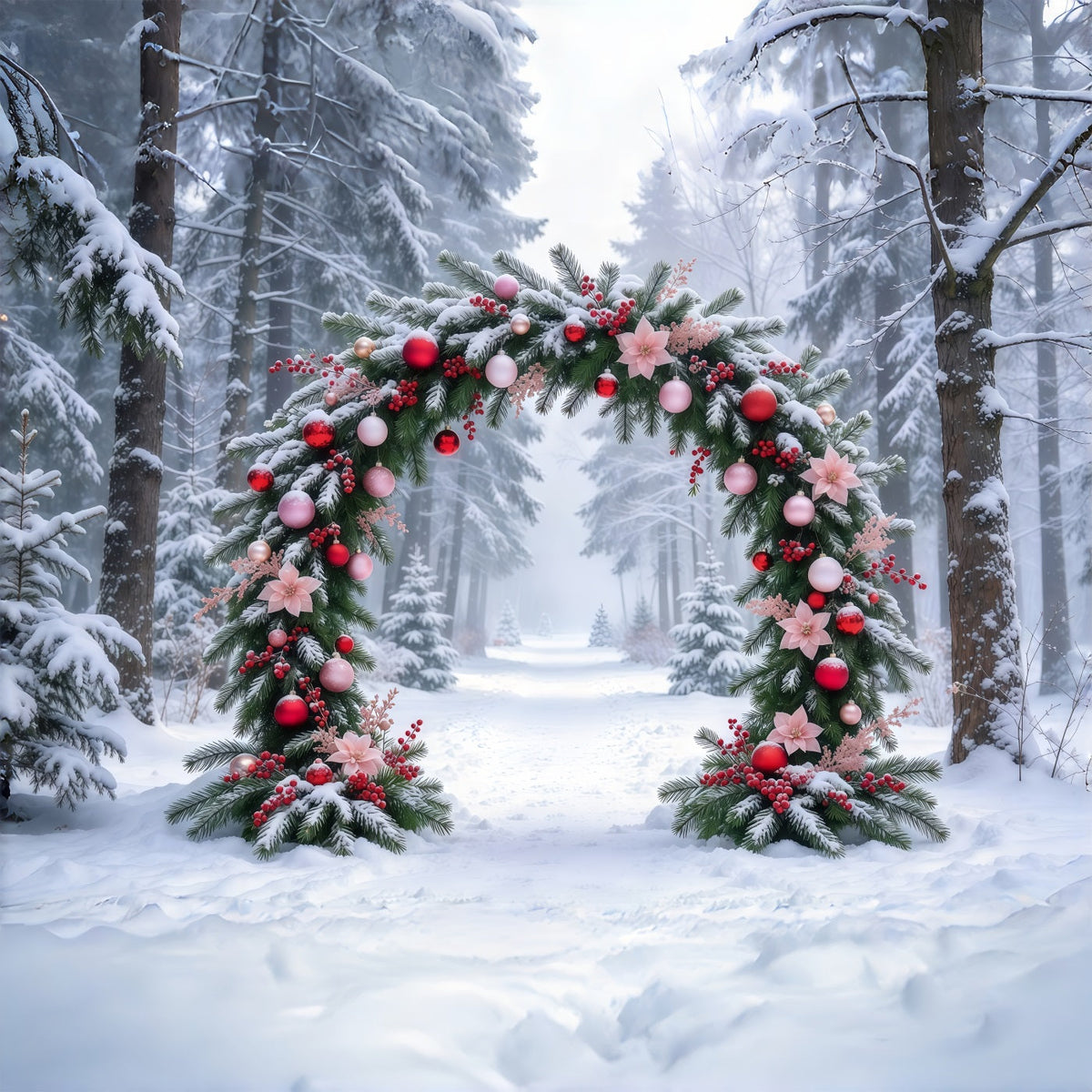 Weihnachtsbaum Fotohintergrund Rosa Blumenbogen Verschneit GQ69-93
