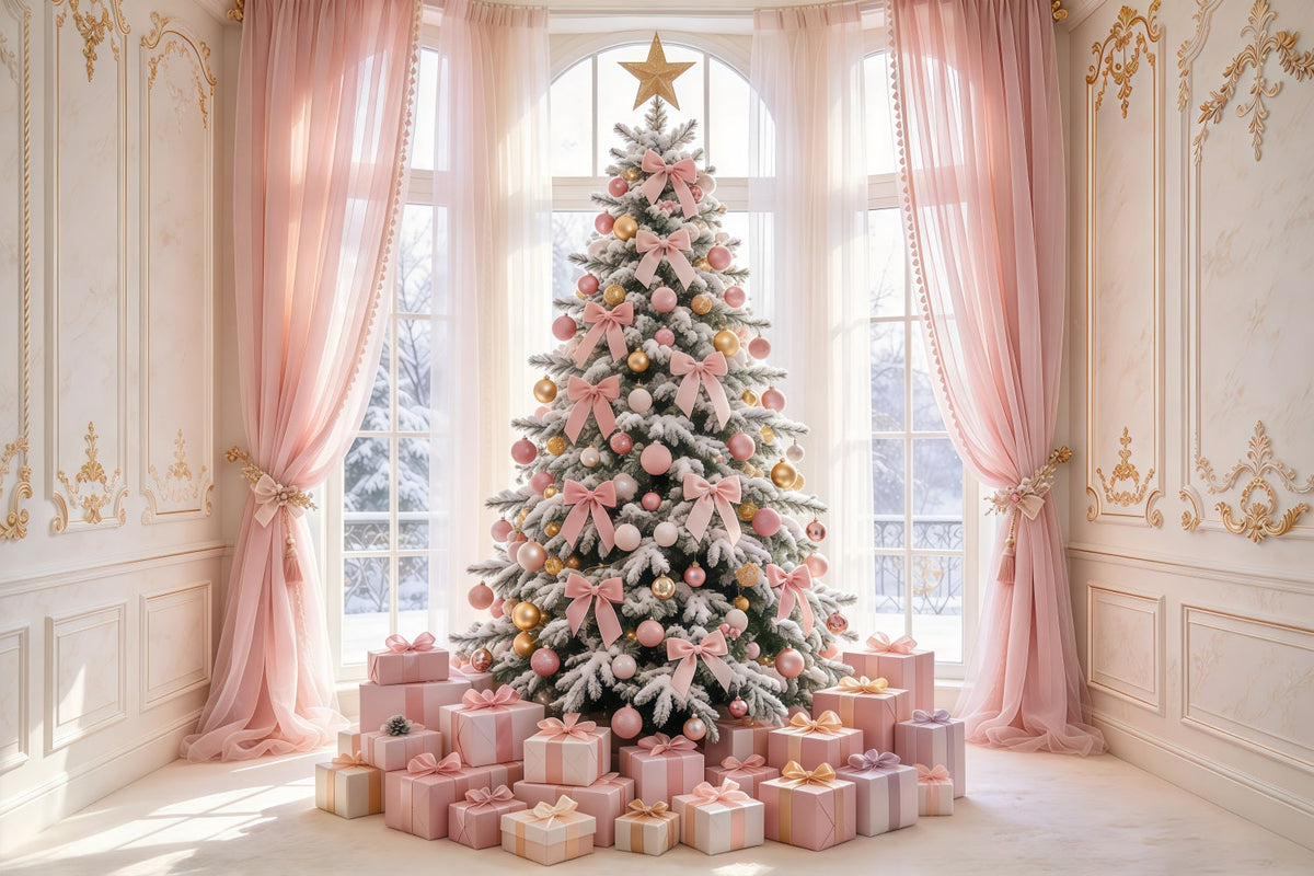 Rosa Weihnachtshintergrund Zartrosa Schleife Baum Geschenke GQ69-94