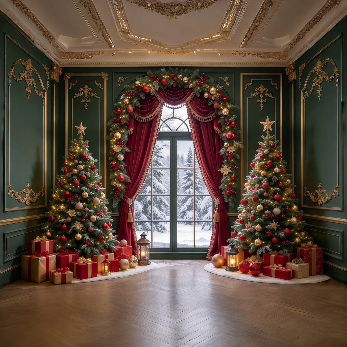 Weihnachtlicher Hintergrund Smaragdgrüner Roter Vorhang Stoffdekoration GQ69-96