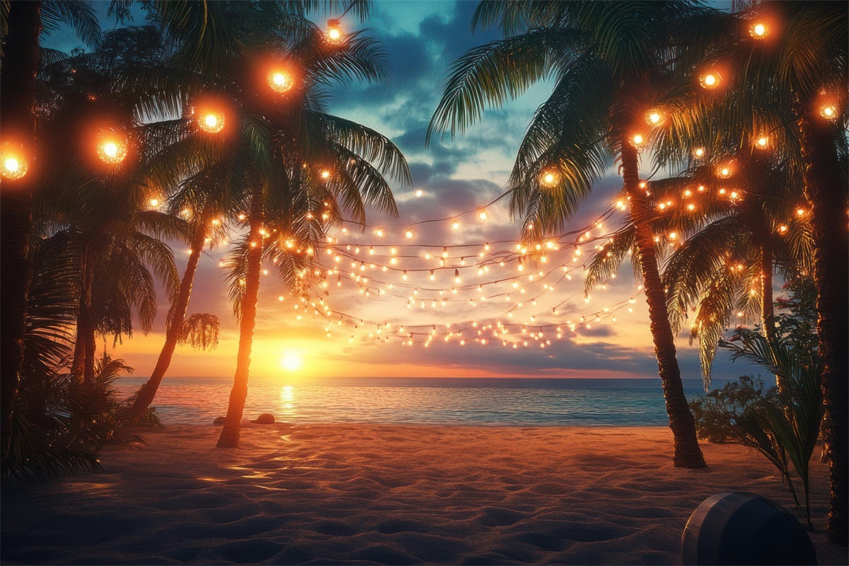 Strand Fotohintergrund Sonnenuntergang Palm String Light Sommerhintergrund GTY3-281