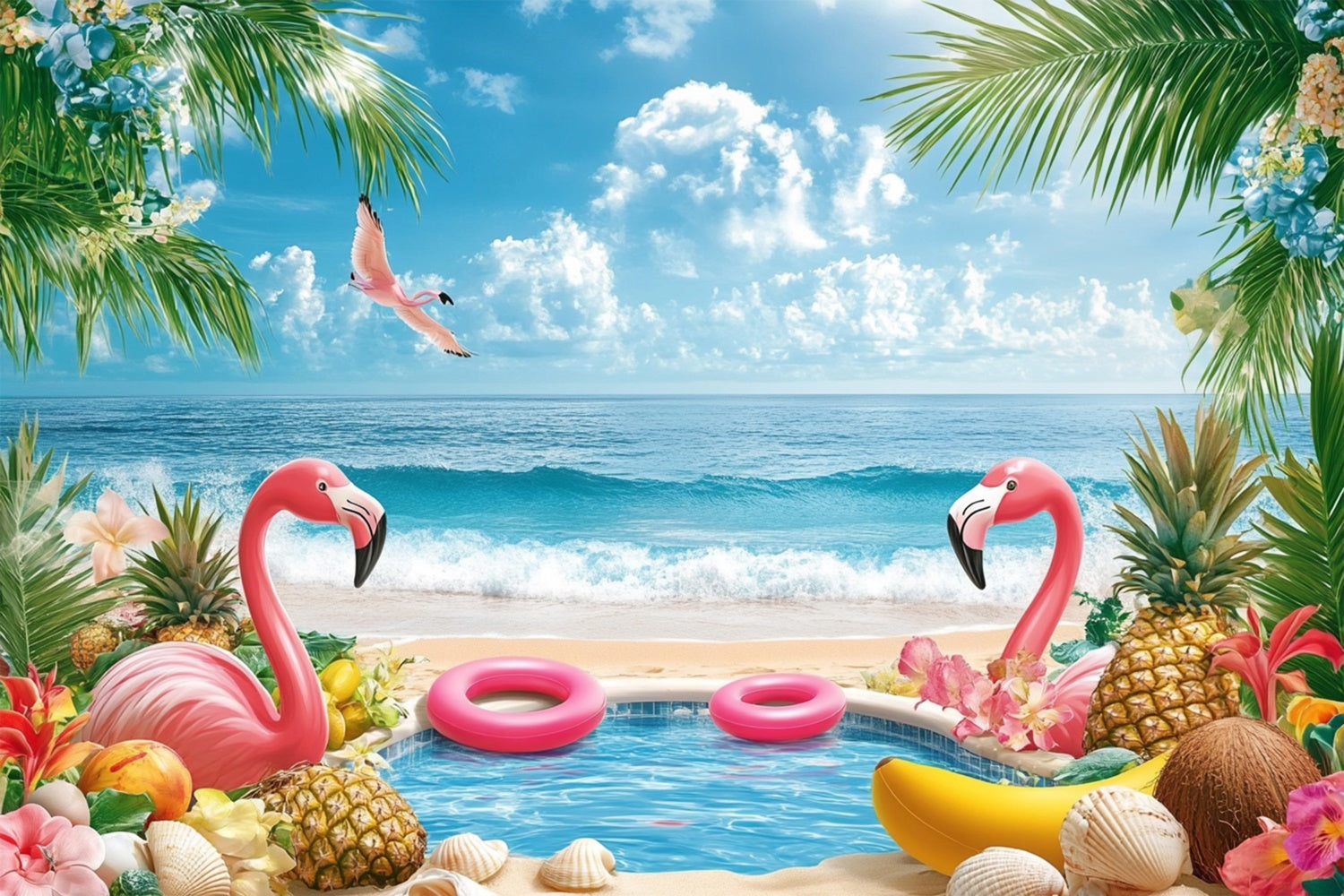 Tropische Strandkulisse Tropische Früchte Flamingo Sommerkulisse GTY3-282