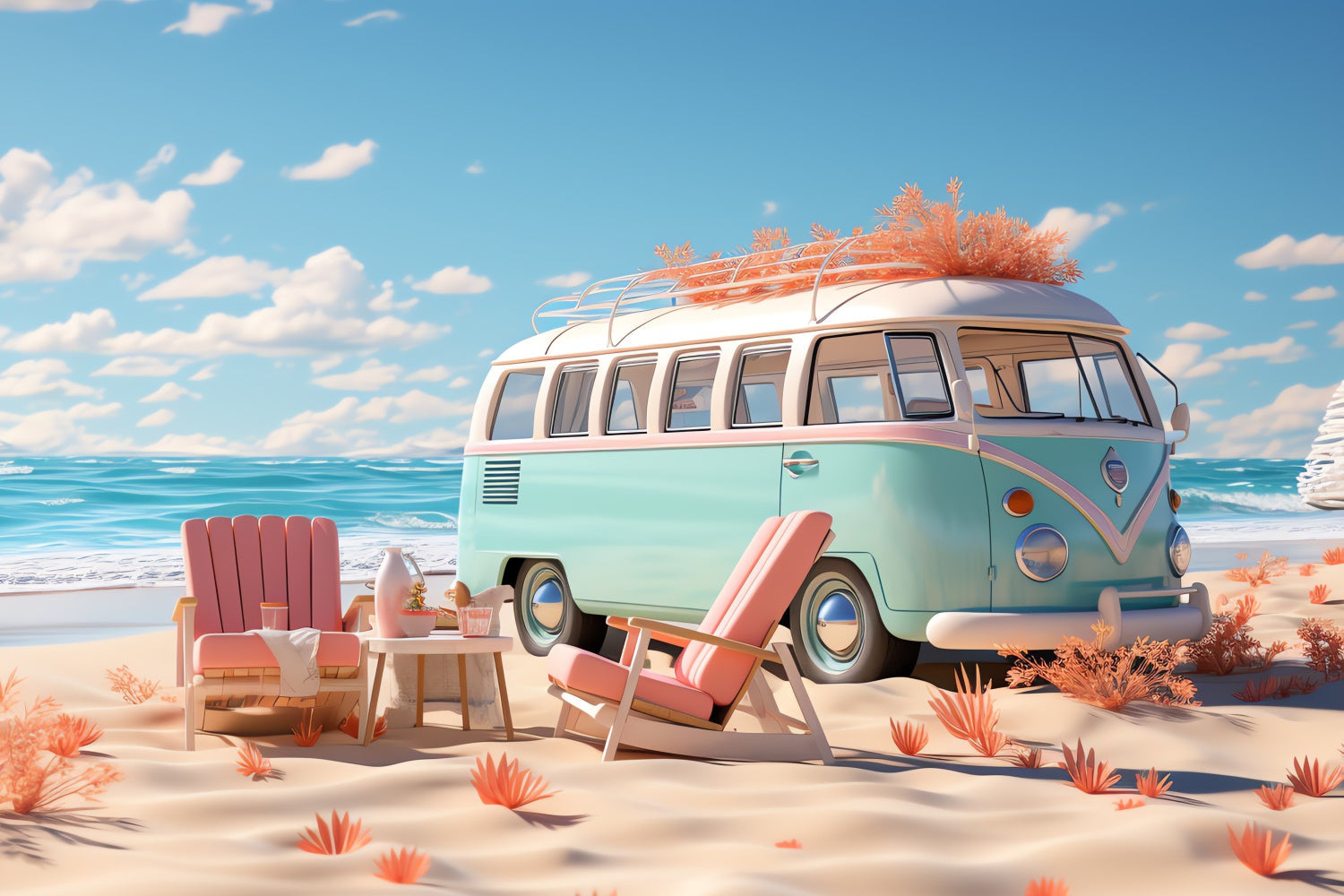 Fotohintergrund Strand Retro Strand Camper Van Sommerhintergrund GTY3-286