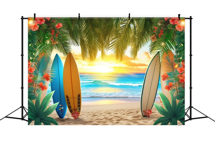 Strand Fotohintergrund Bunte Surfbretter Palmenblätter Sommerhintergrund GTY3-384