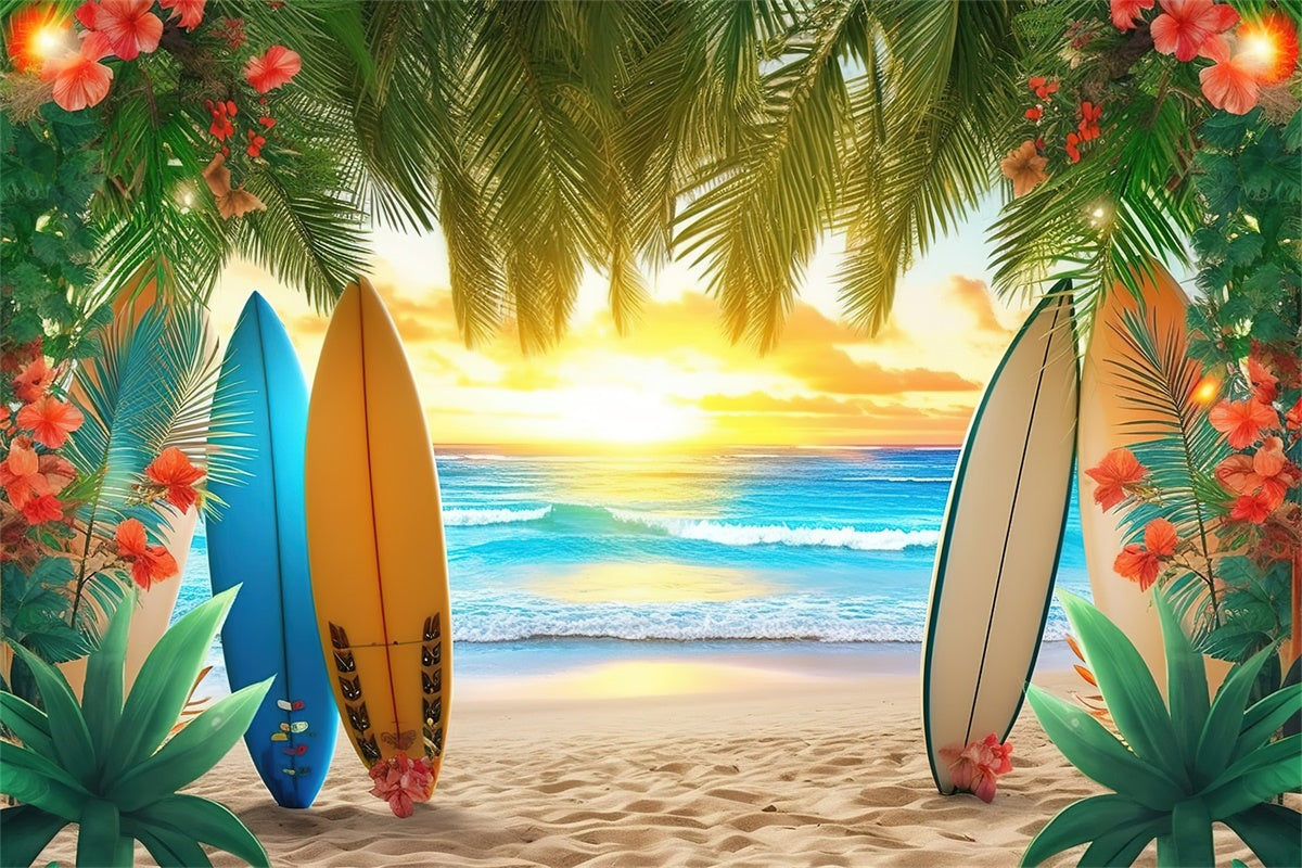 Strand Fotohintergrund Bunte Surfbretter Palmenblätter Sommerhintergrund GTY3-384