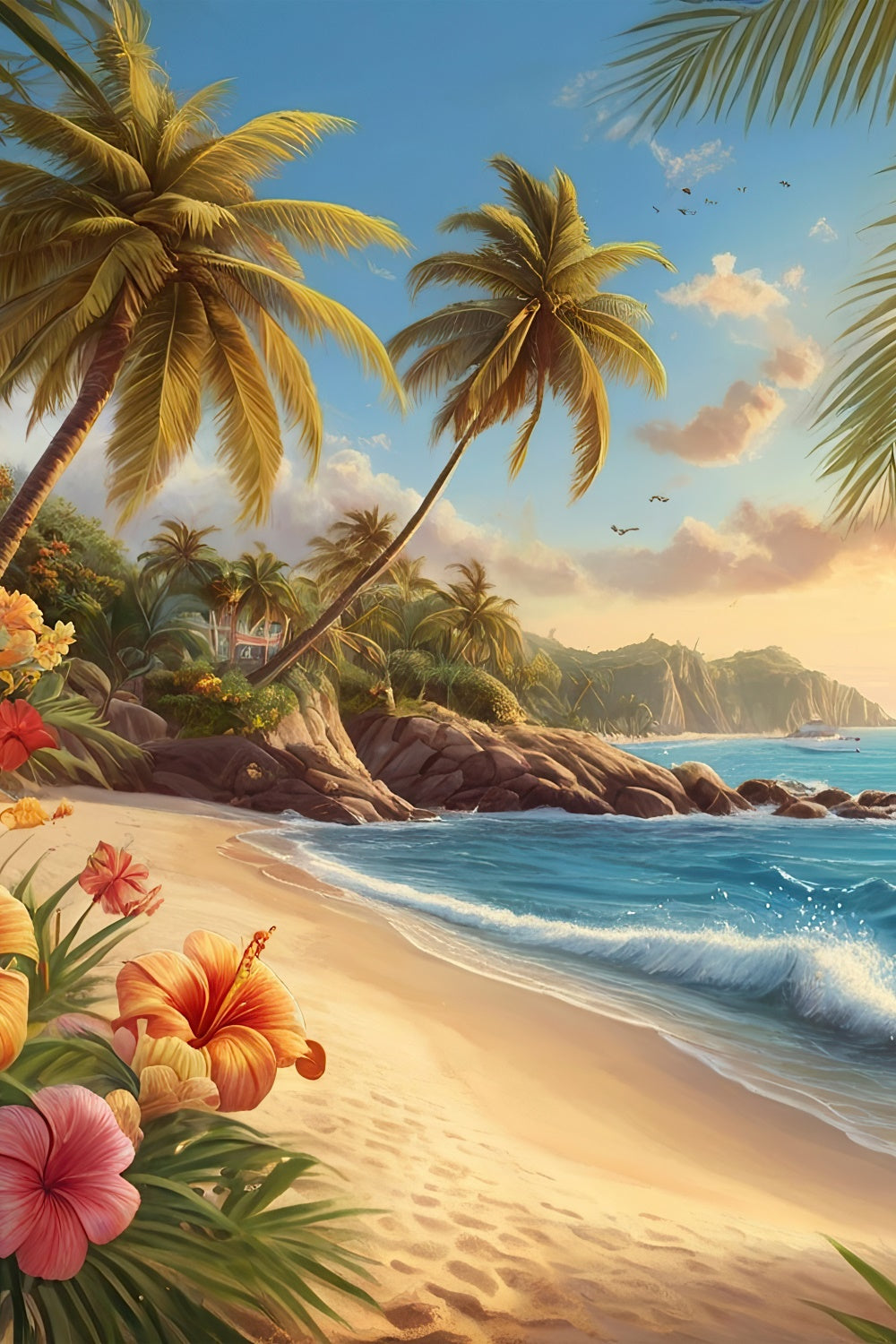 Fotohintergrund Strand Palme Küstenblumen Sommerhintergrund GTY3-386