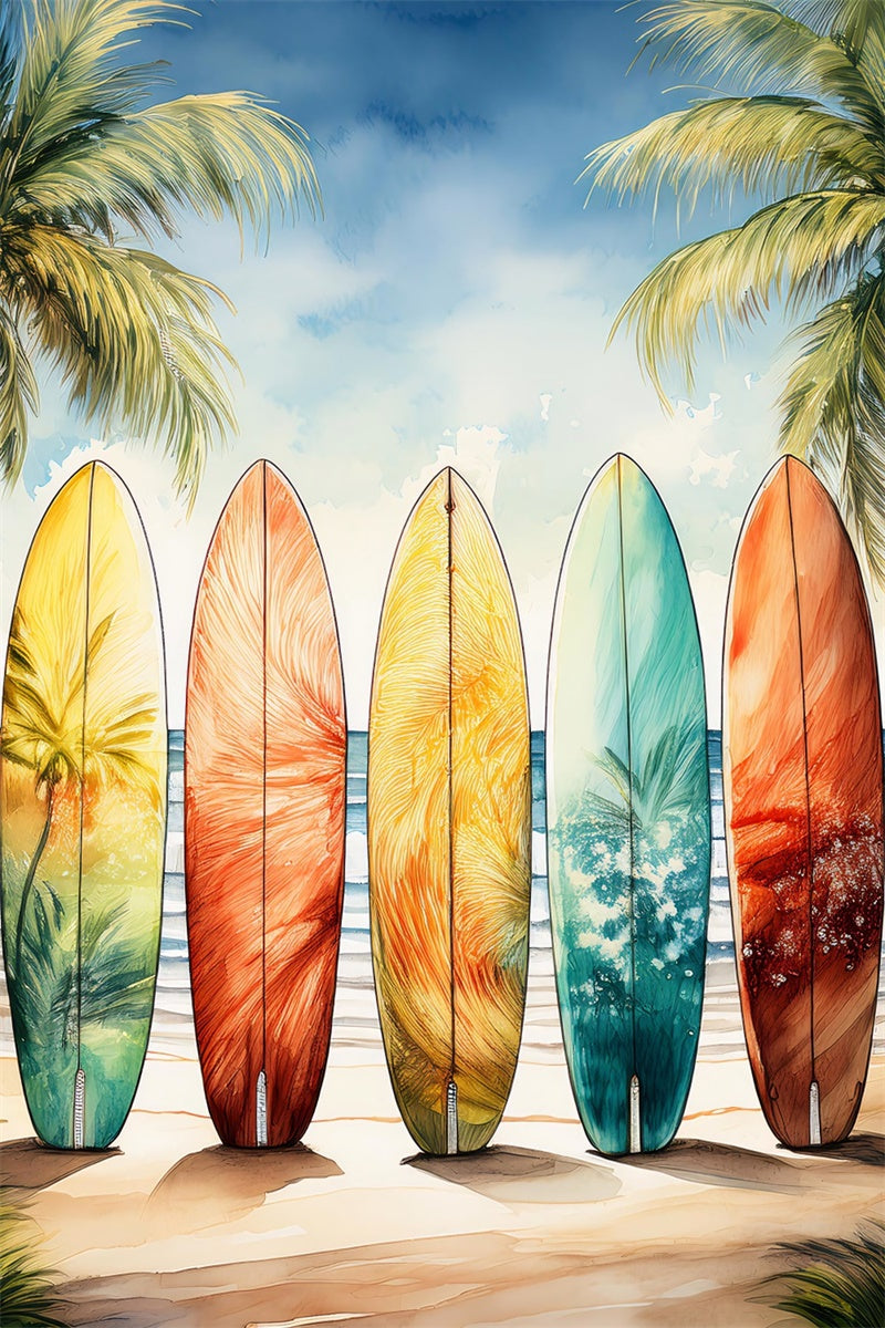 Sommer Fotohintergrund Bunte Surfbretter Palmen Himmel Hintergrund GTY3-390