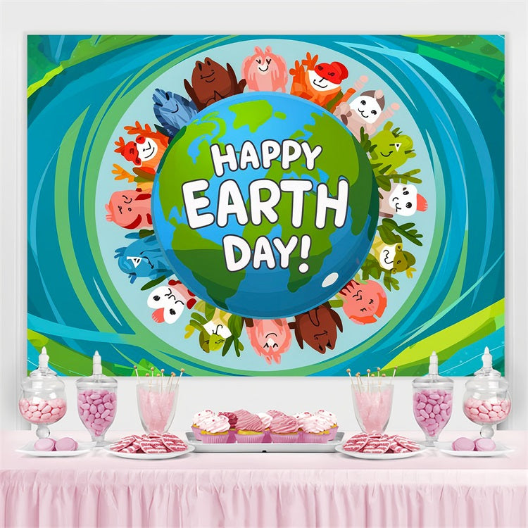 Happy Earth Day Backdrop Tierfreunde, die die Erde schützen Backdrop GTY3-50