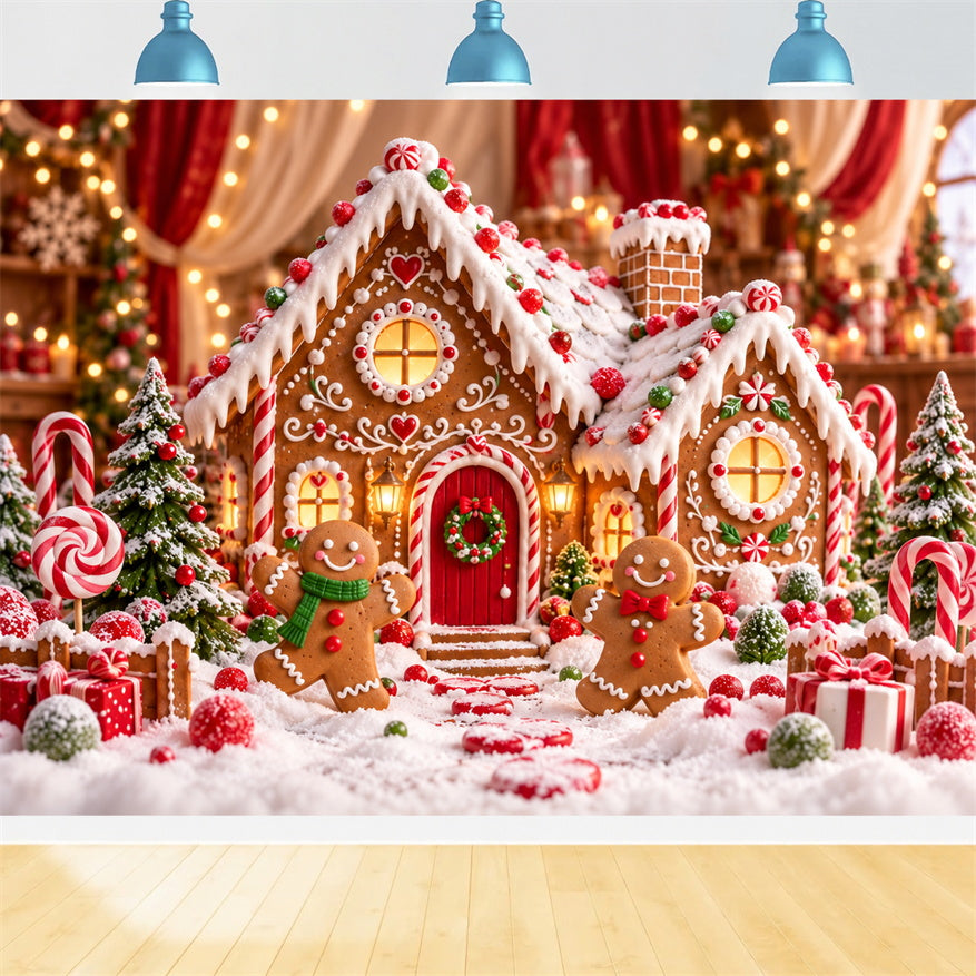 Lebkuchenhaus-Fotohintergrund Cartoon-Häuschen Süßigkeiten-Bokeh HQ610-151