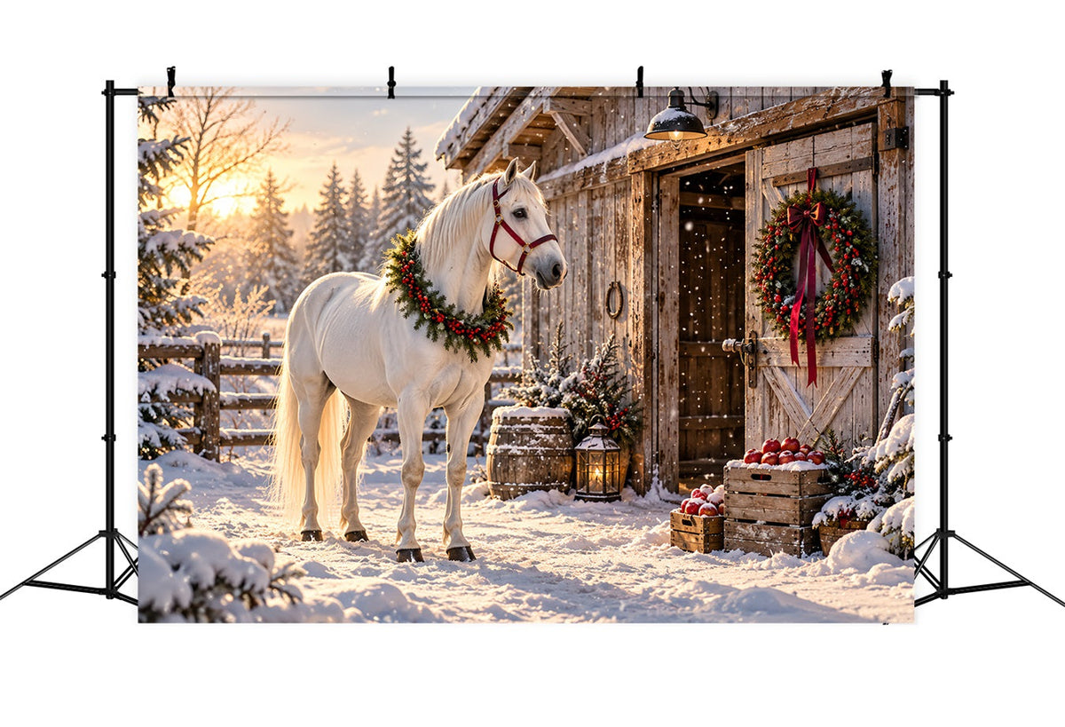 Western-Weihnachtshintergrund Weißes Pferd Festliche Scheune HQ610-152