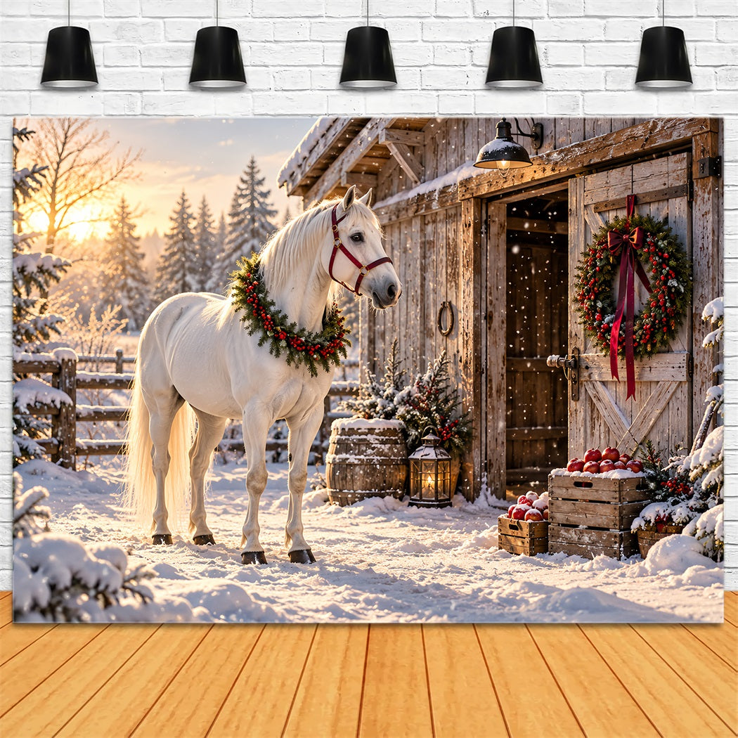 Western-Weihnachtshintergrund Weißes Pferd Festliche Scheune HQ610-152