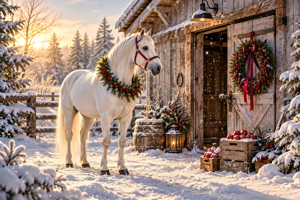 Western-Weihnachtshintergrund Weißes Pferd Festliche Scheune HQ610-152