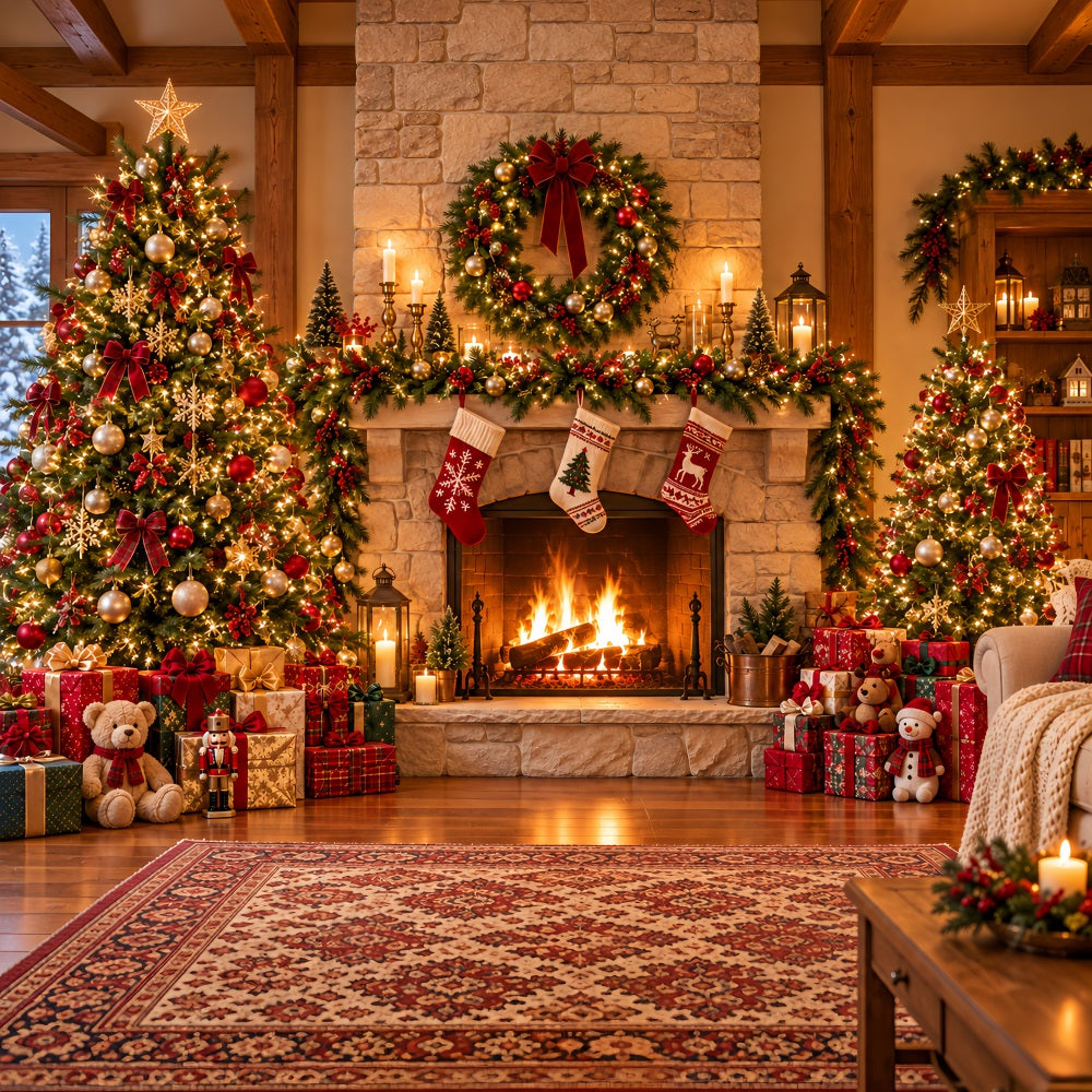 Weihnachtlicher Fotohintergrund Rustikaler Kamin Weihnachtssocken Kaminsims HQ610-153