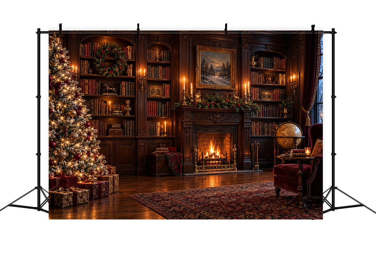 Viktorianischer Weihnachtshintergrund Vintage-Kamin Bibliothek HQ610-158