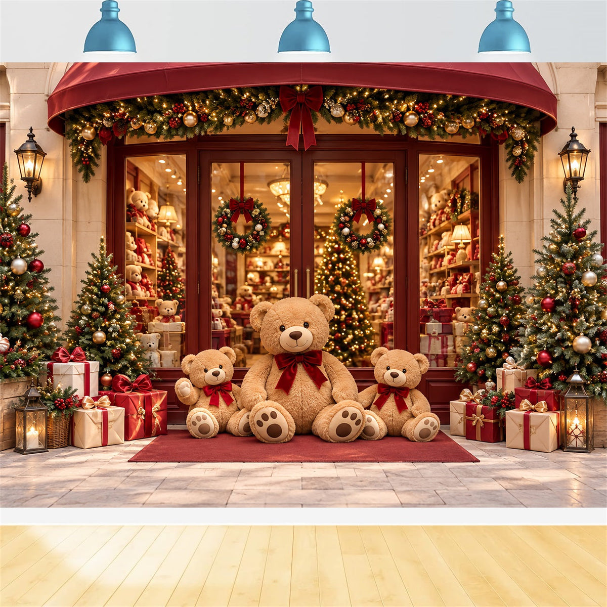 Weihnachtsladen-Hintergrund Festliches Teddybär-Schaufenster HQ610-161