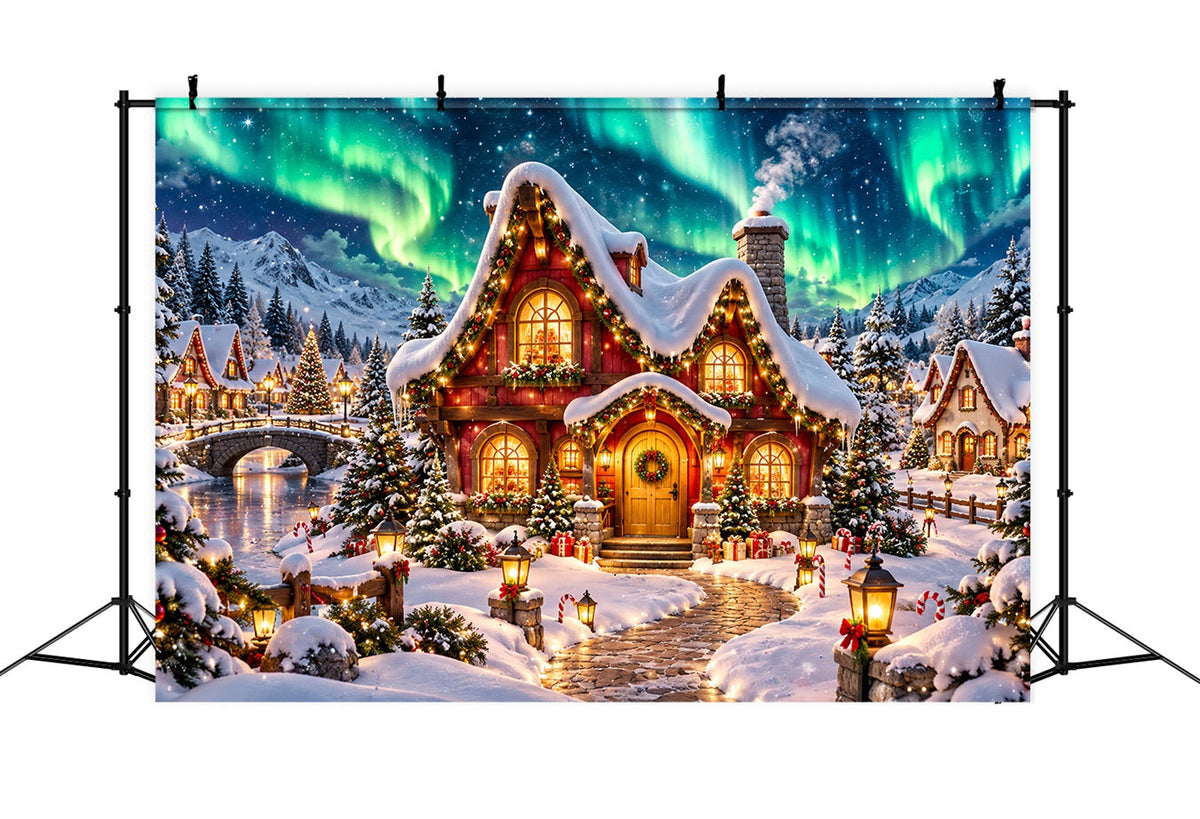 Weihnachtlicher Elfen-Hintergrund Leuchtendes Polarlicht Verschneites Häuschen HQ610-162
