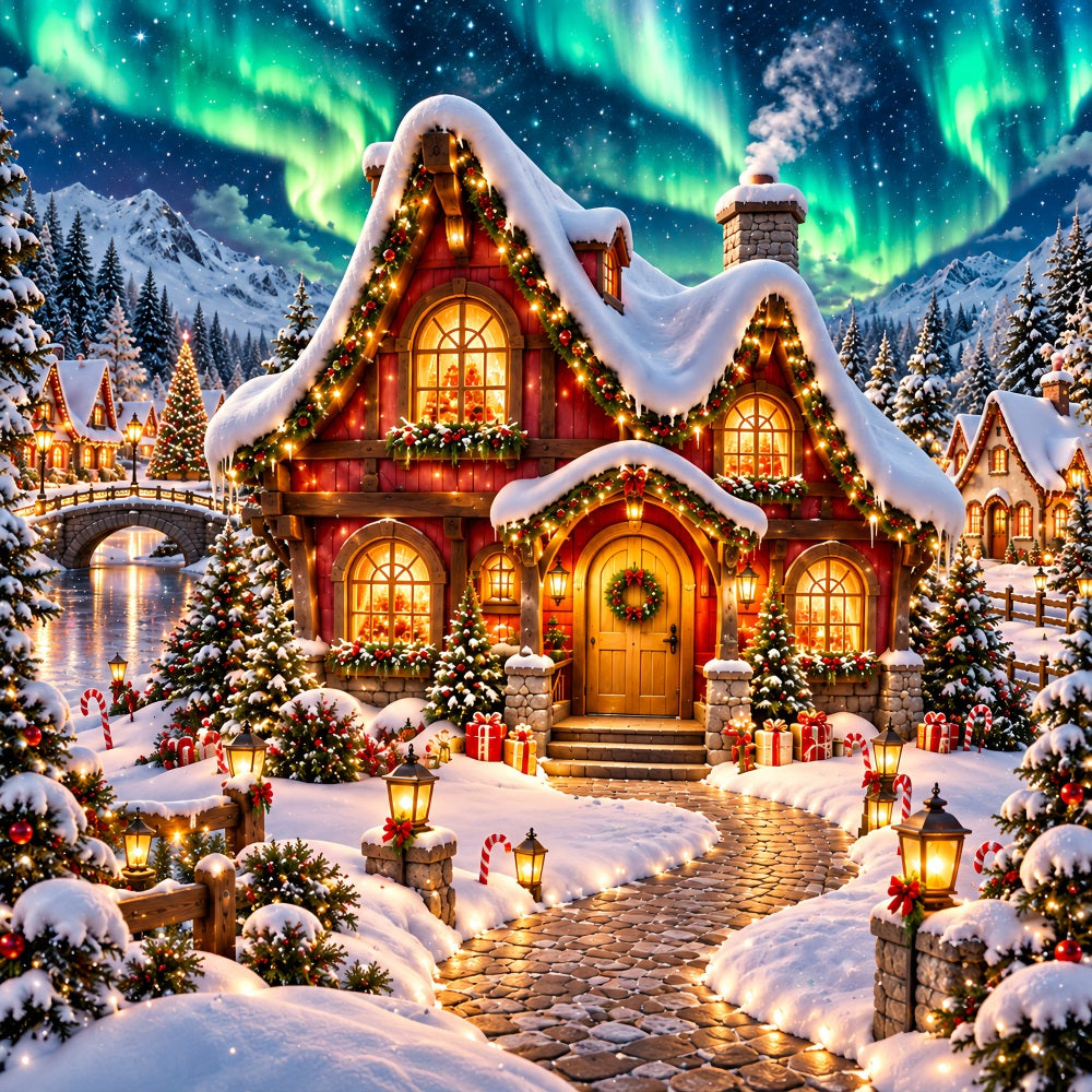 Weihnachtlicher Elfen-Hintergrund Leuchtendes Polarlicht Verschneites Häuschen HQ610-162