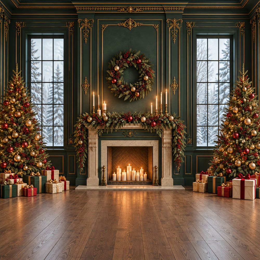 Weihnachtlicher Wohnzimmerhintergrund Smaragdgrüner Kaminsims Goldene Girlande HQ610-163