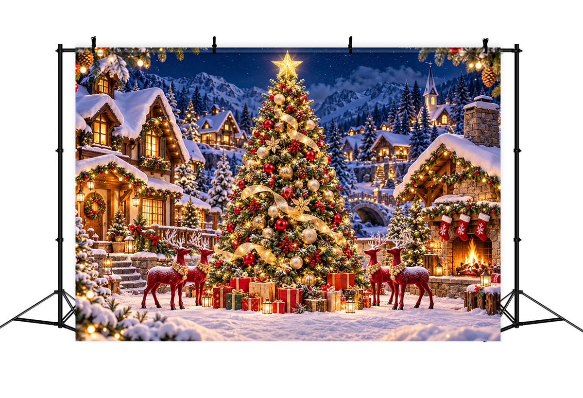 Retro-Weihnachtshintergrund Rentierdorf Goldener Baum HQ610-165