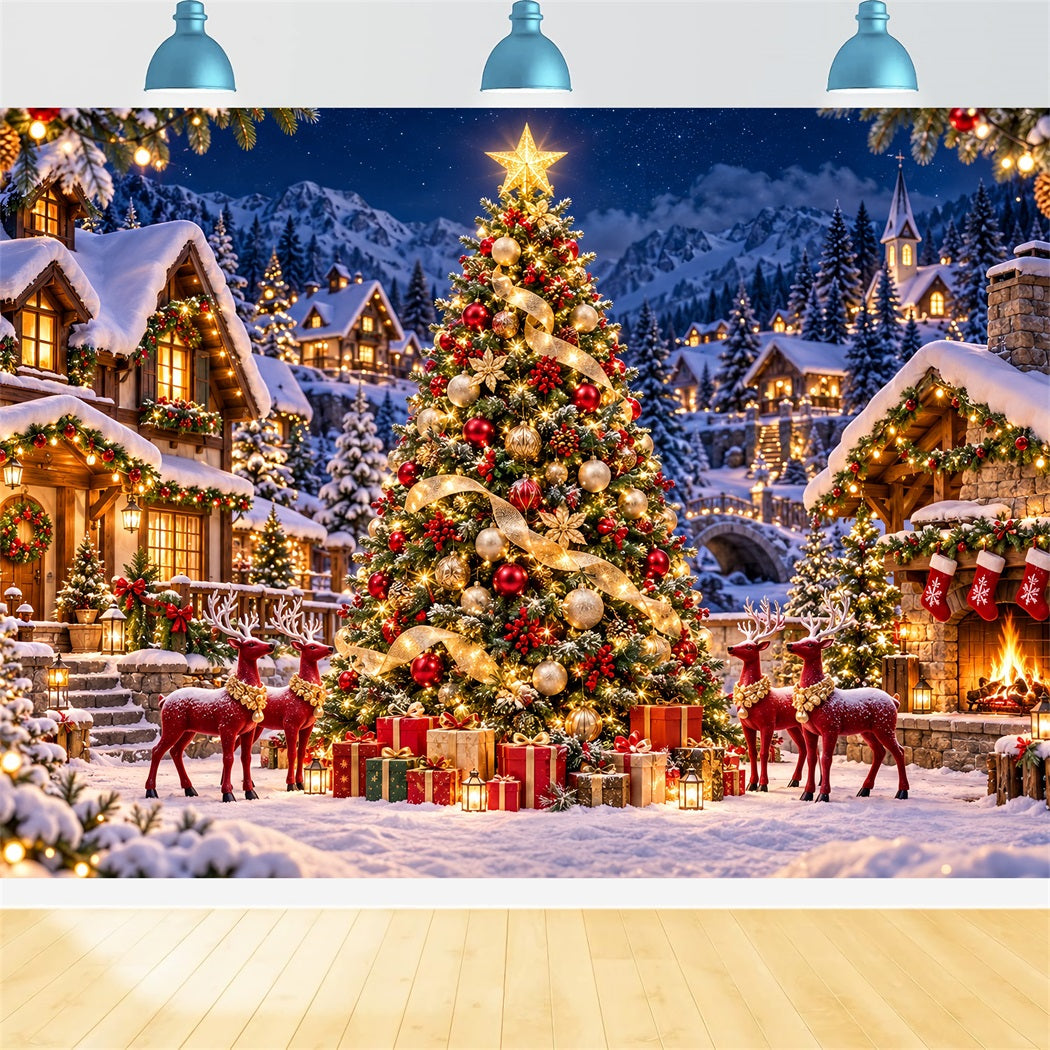 Retro-Weihnachtshintergrund Rentierdorf Goldener Baum HQ610-165