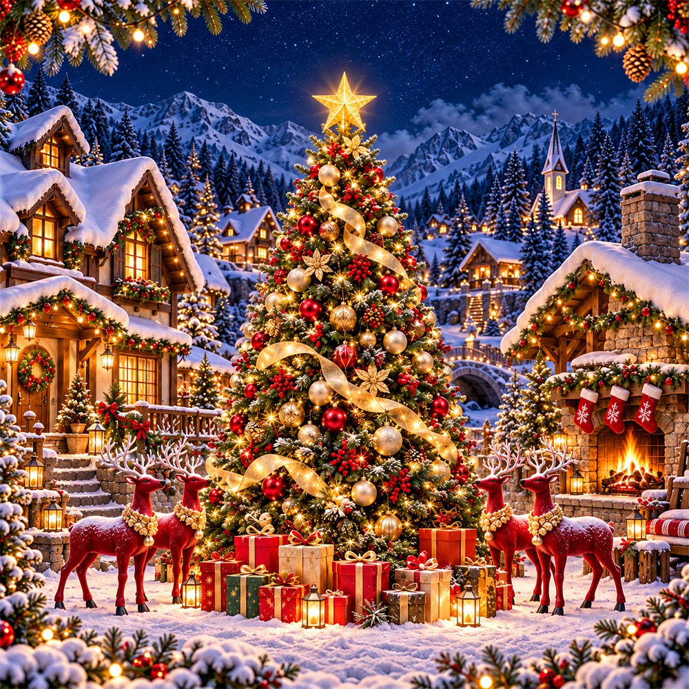 Retro-Weihnachtshintergrund Rentierdorf Goldener Baum HQ610-165