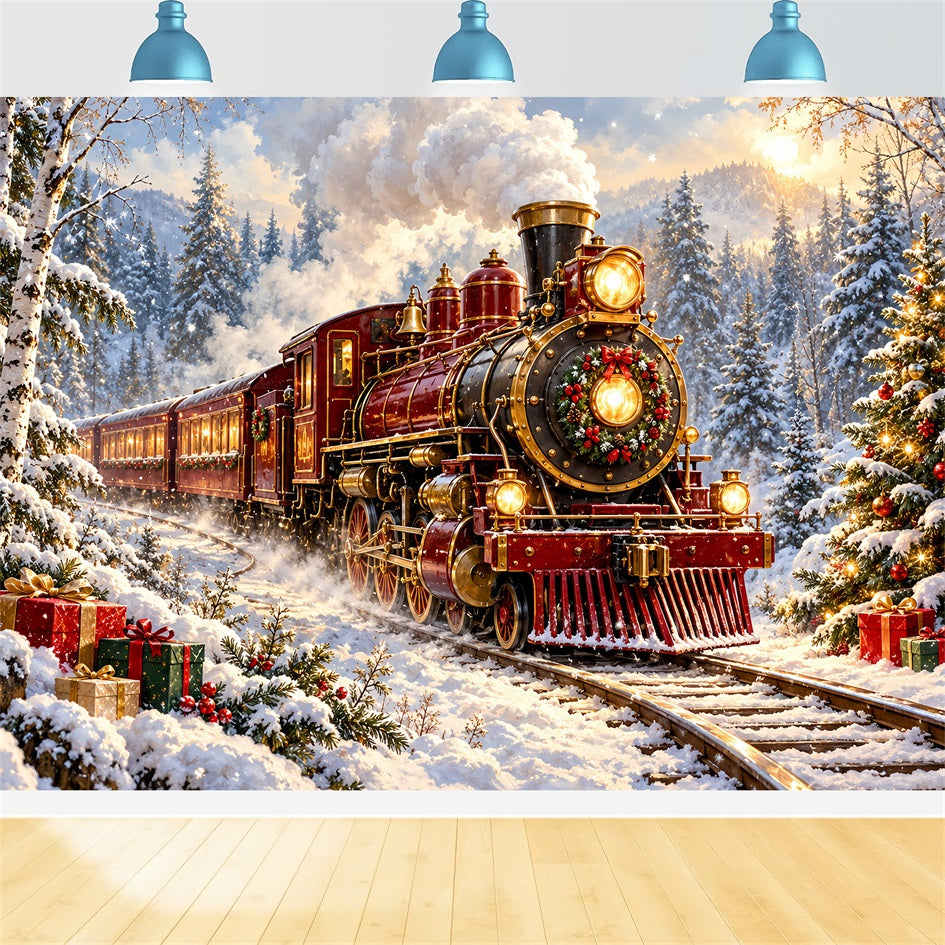 Professioneller Weihnachtshintergrund Burgunderrote Lokomotive Verschneiter Wald HQ610-167