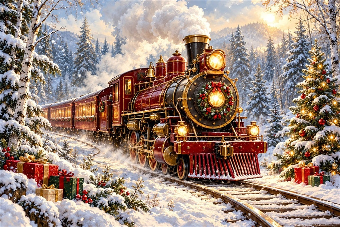 Professioneller Weihnachtshintergrund Burgunderrote Lokomotive Verschneiter Wald HQ610-167