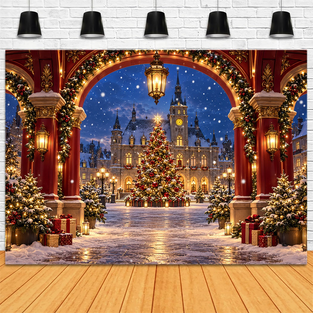 Weihnachtlicher Torbogen-Hintergrund Karmesinrotes Haus Winterdorf HQ610-170