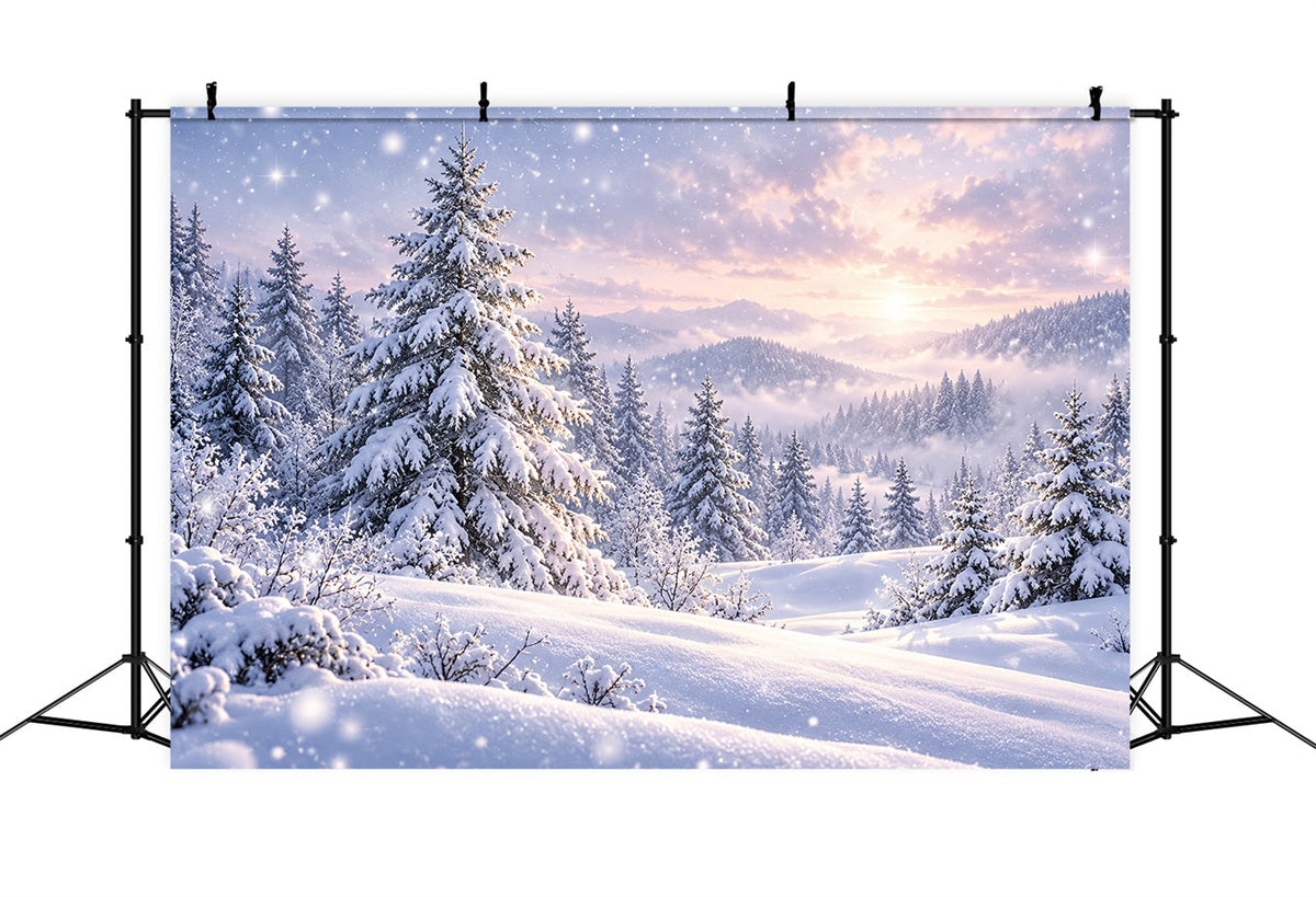 Weihnachtsbaum-Hintergrund Verschneite Kiefernwaldlandschaft Sonnenuntergang HQ610-171