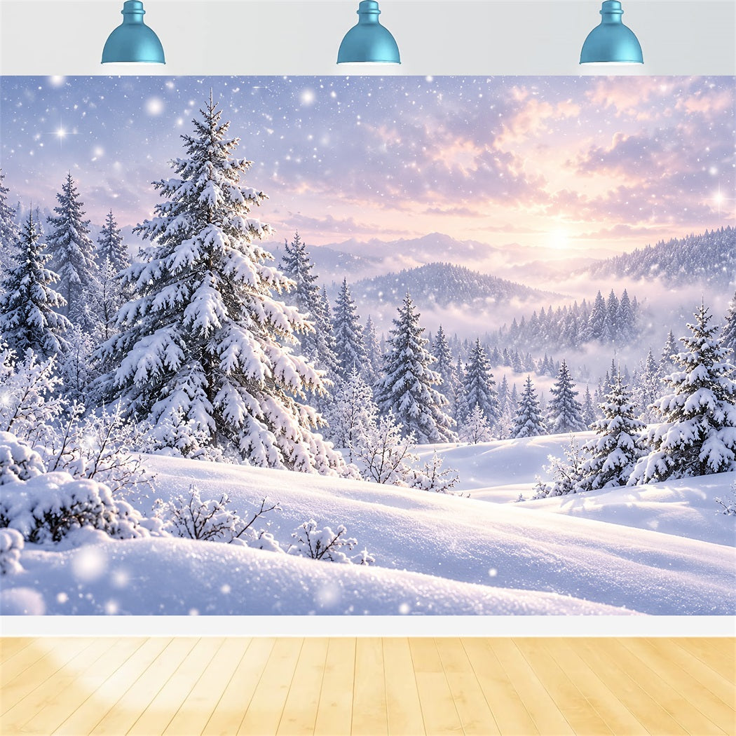 Weihnachtsbaum-Hintergrund Verschneite Kiefernwaldlandschaft Sonnenuntergang HQ610-171
