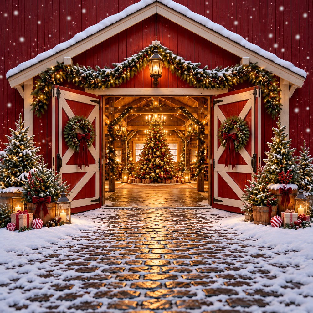 Weihnachtsbaumfarm-Hintergrund Festlicher Roter Scheuneneingang HQ610-172