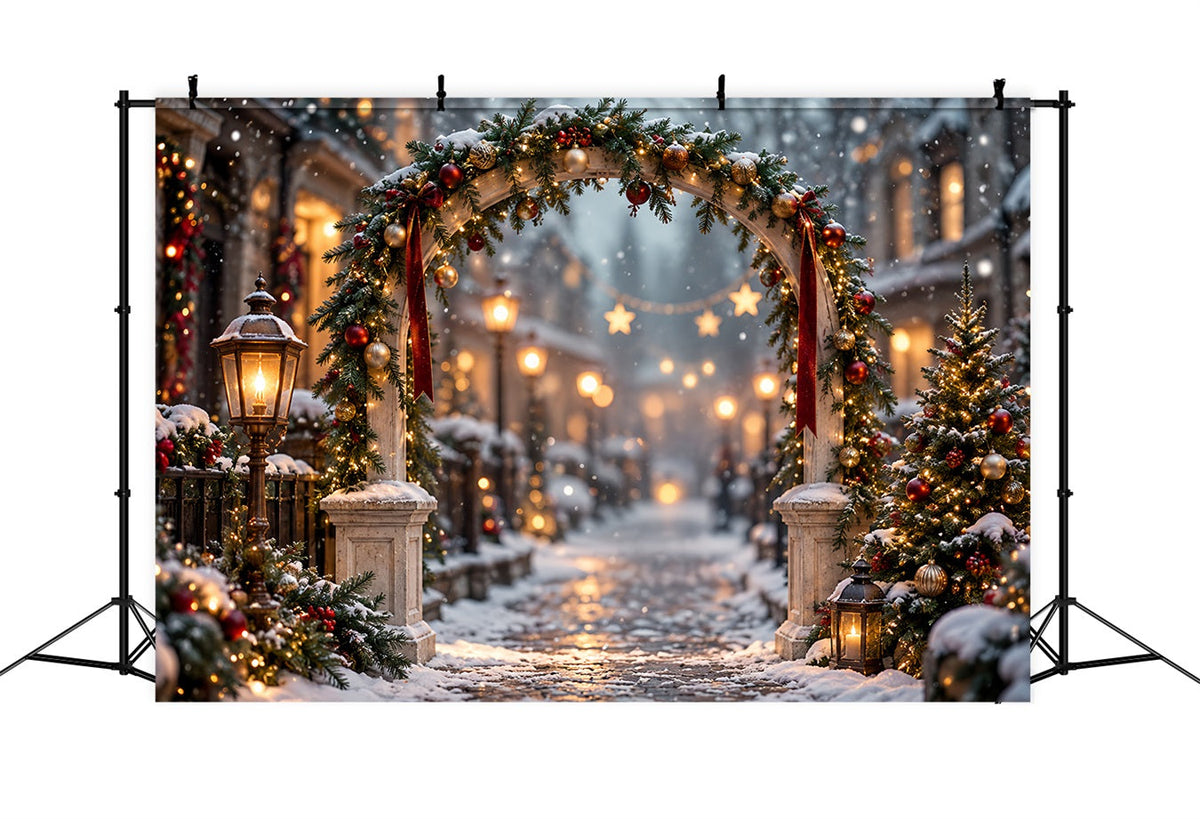 Weihnachtslichter-Fotohintergrund Verschneiter Immergrüner Laternenbogen HQ610-175