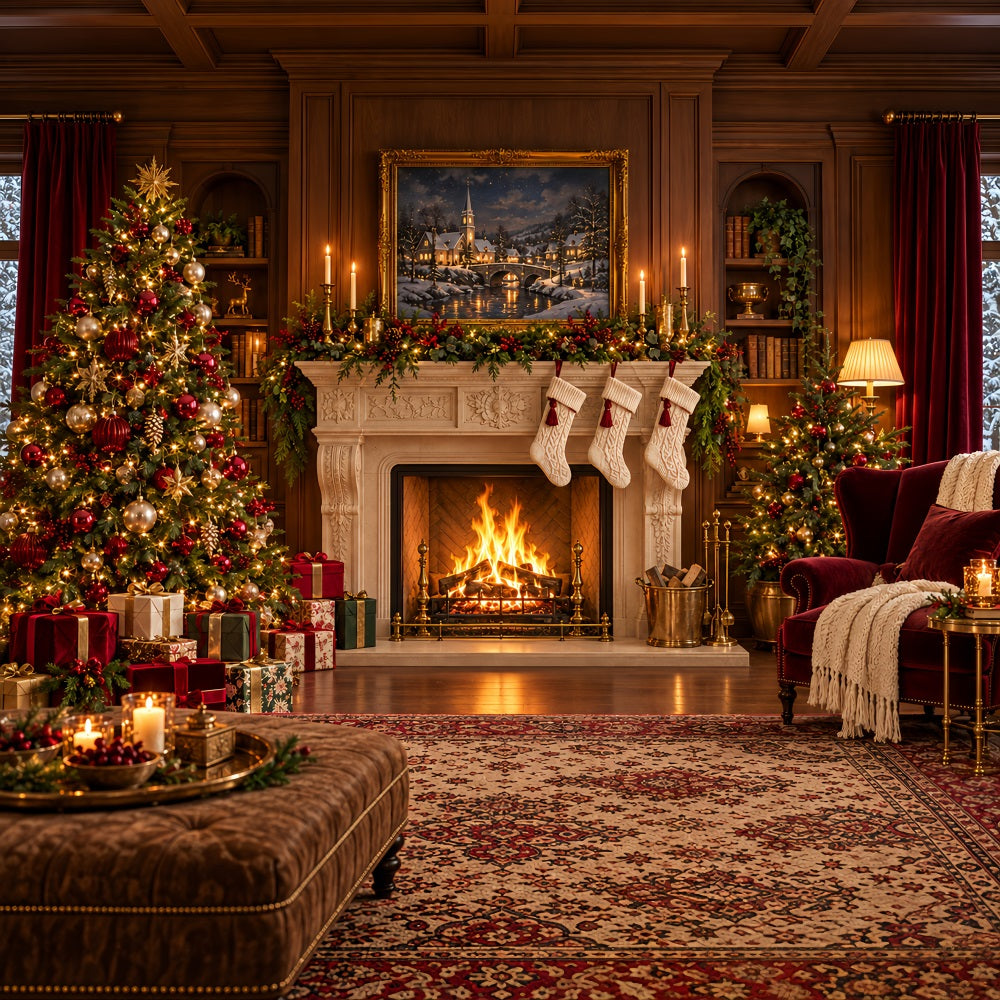 Weihnachtlicher Fotohintergrund Klassischer Kamin Weihnachtssocken HQ610-179