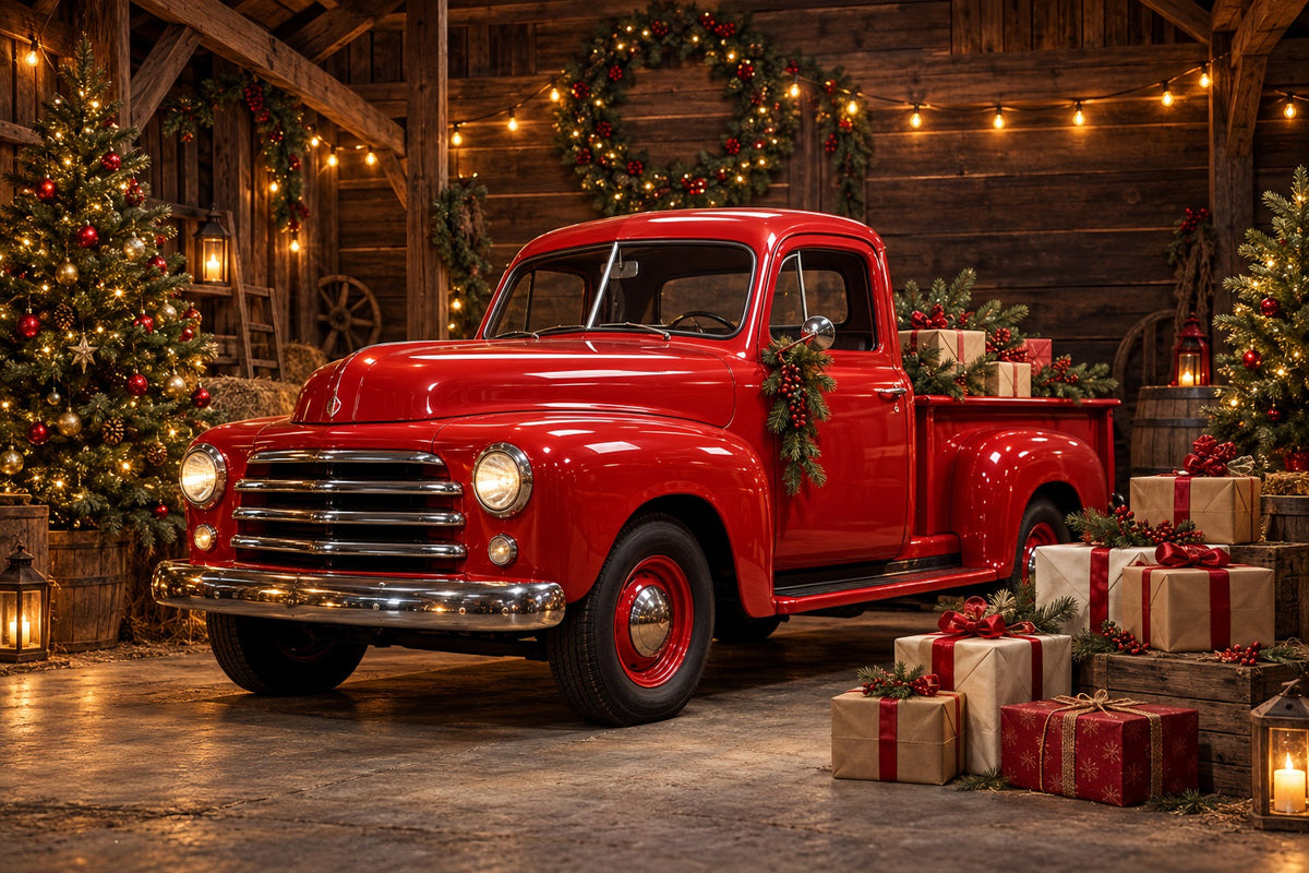 Weihnachtlicher Fotohintergrund Vintage Roter Truck Scheune HQ610-184