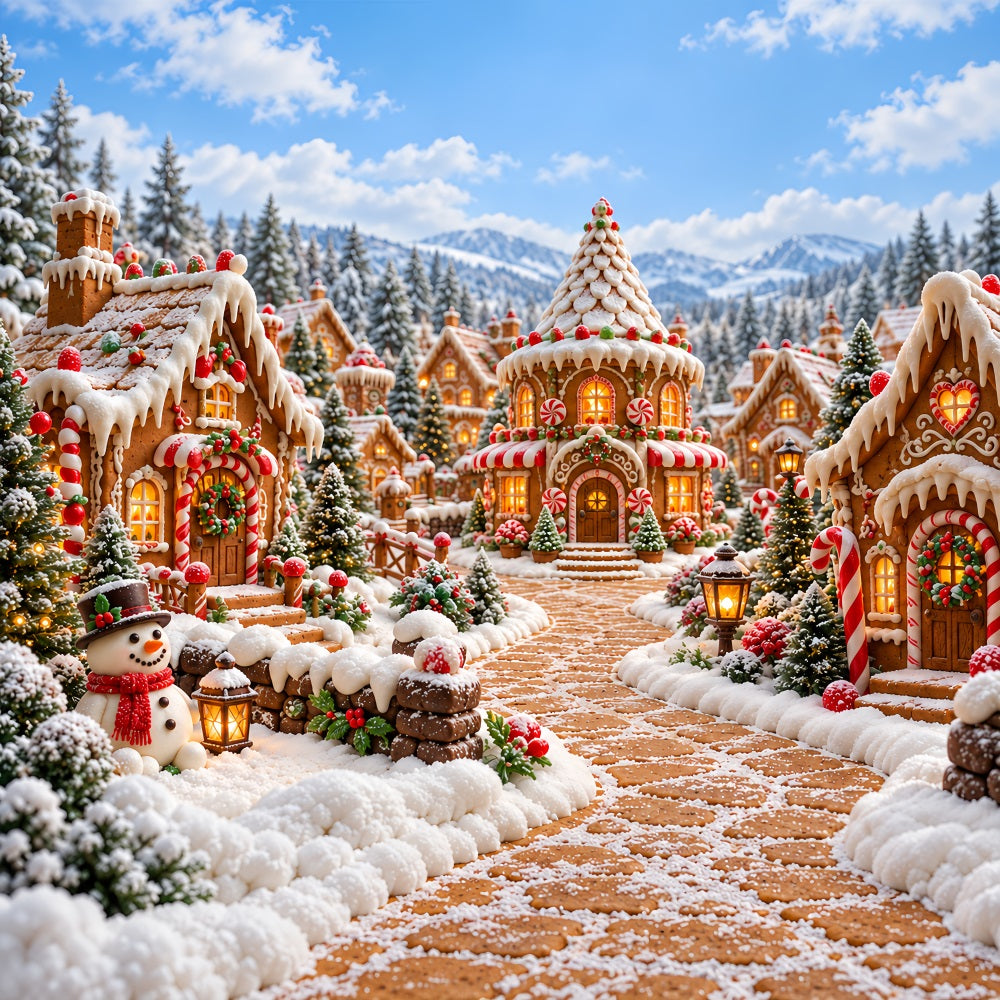 Weihnachtlicher Lebkuchen-Hintergrund Verschneites Süßigkeitenhaus-Dorf HQ610-185