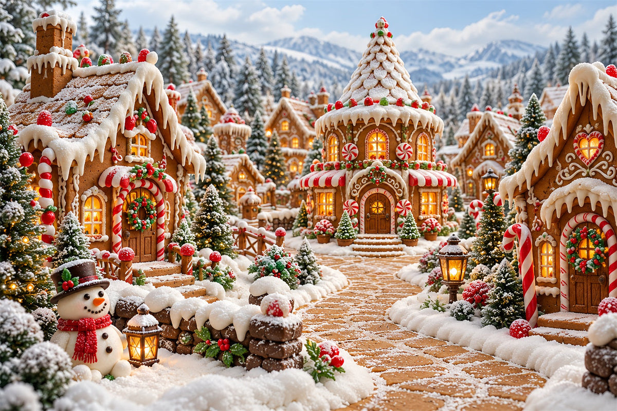 Weihnachtlicher Lebkuchen-Hintergrund Verschneites Süßigkeitenhaus-Dorf HQ610-185