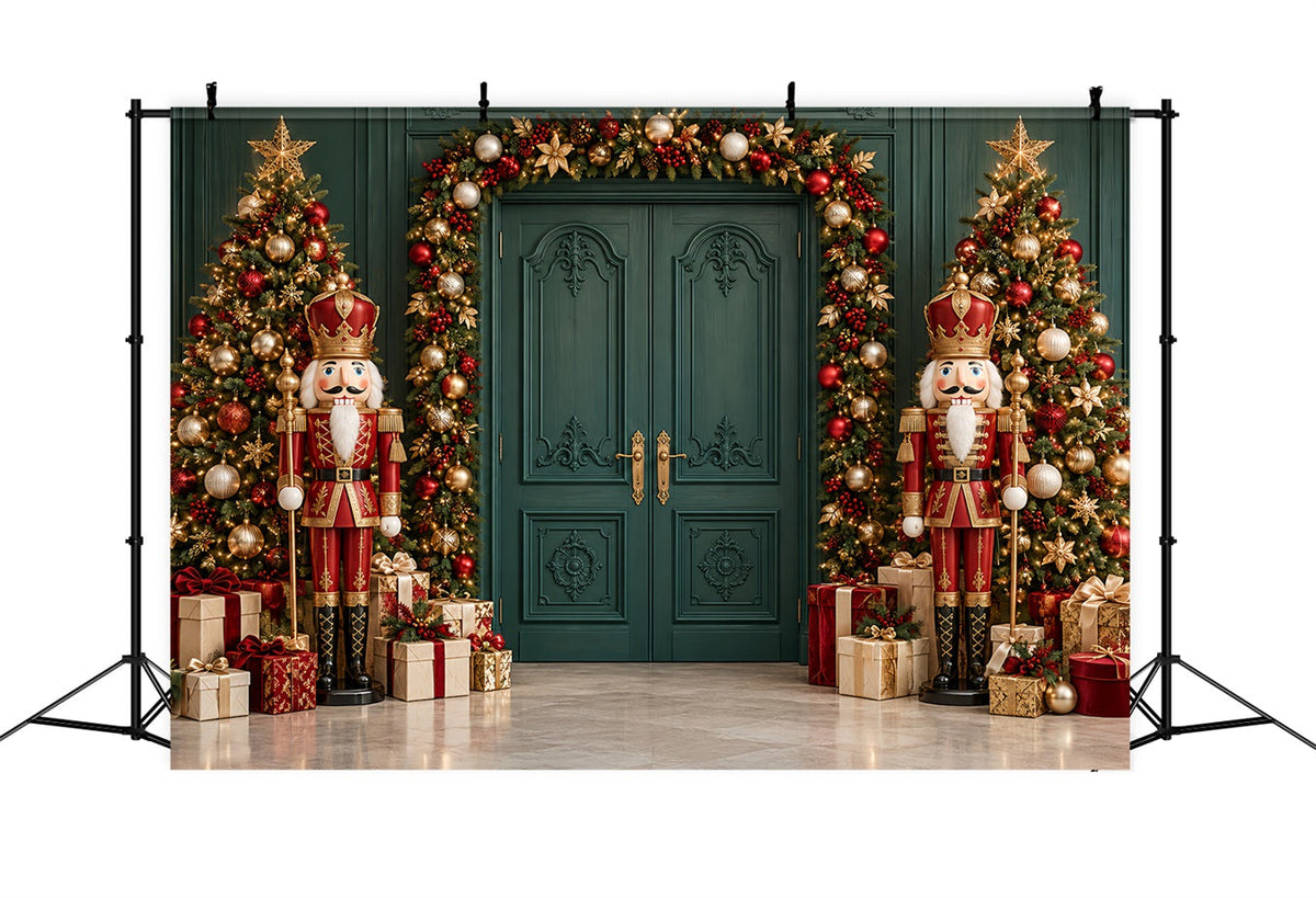 Weihnachtlicher Hintergrund Smaragdgrüne Tür Girlanden-Auslage Nussknacker HQ610-186