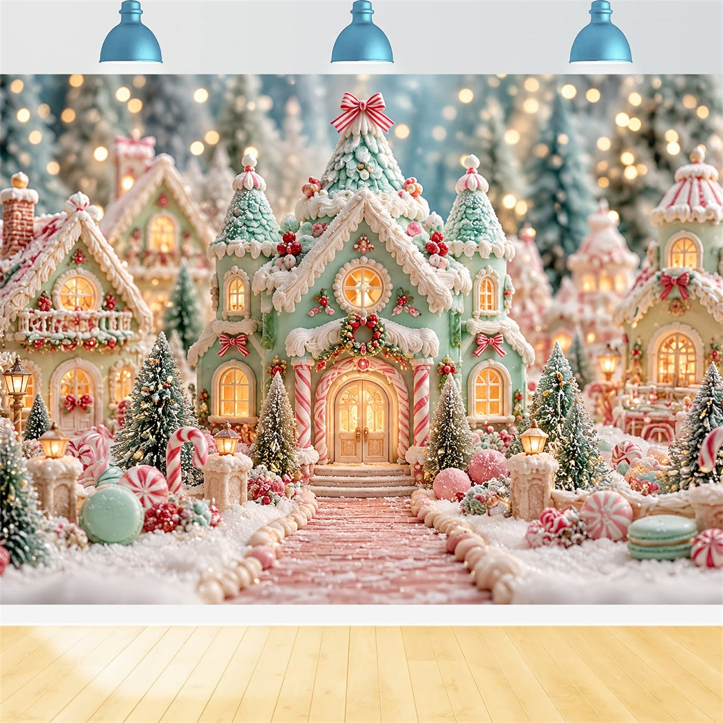 Lebkuchenhaus-Fotohintergrund Pastellfarbenes Süßigkeitenland-Dorf HQ610-188