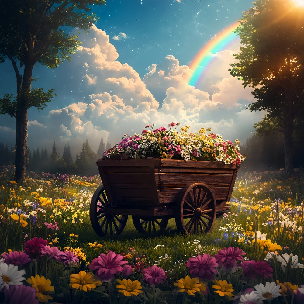 Frühlingsblumen Backdrop Holzwagen Regenbogen Backdrop LXX1-133