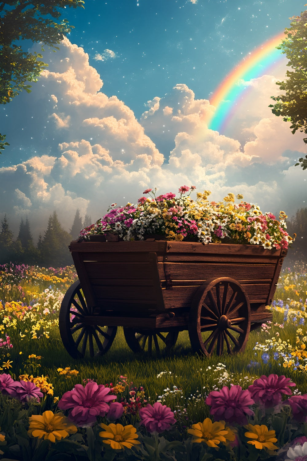 Frühlingsblumen Backdrop Holzwagen Regenbogen Backdrop LXX1-133