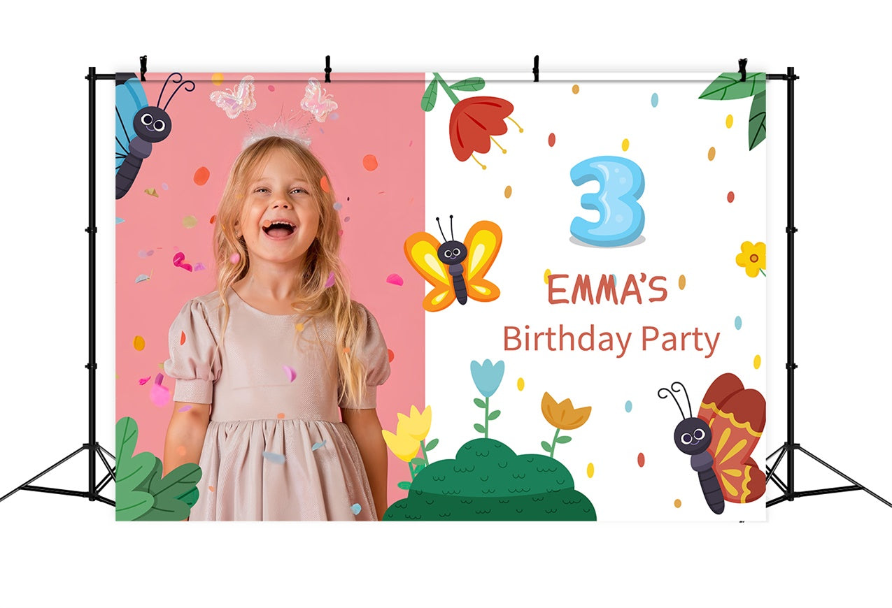 Personalisierte Geburtstag Backdrop Schmetterlinge Blumen Feier Hintergrund LXX1-242