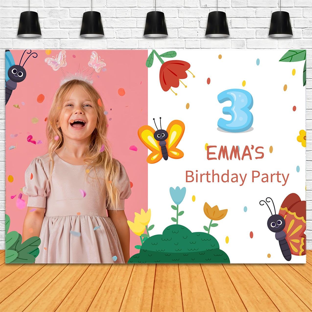 Personalisierte Geburtstag Backdrop Schmetterlinge Blumen Feier Hintergrund LXX1-242