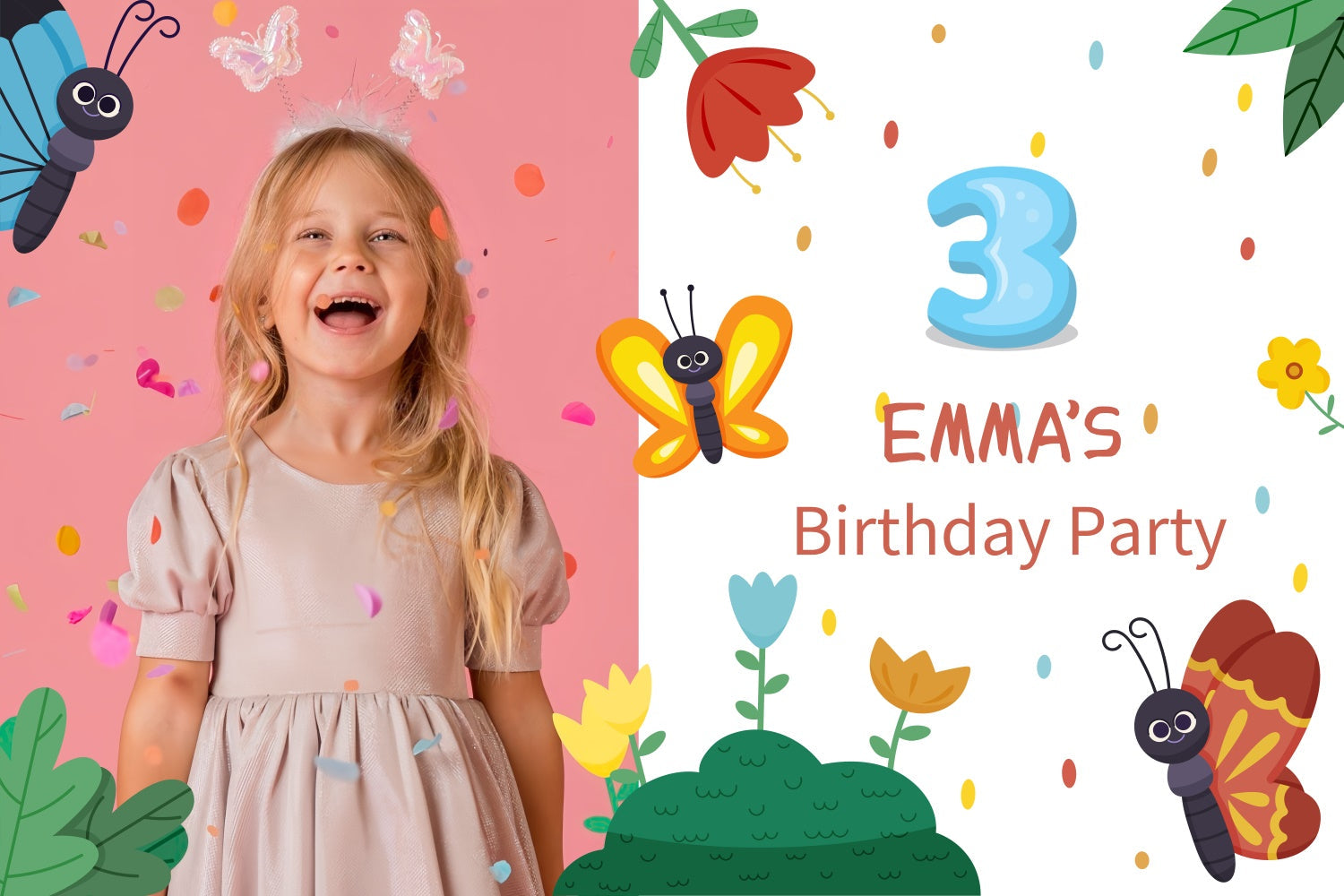 Personalisierte Geburtstag Backdrop Schmetterlinge Blumen Feier Hintergrund LXX1-242